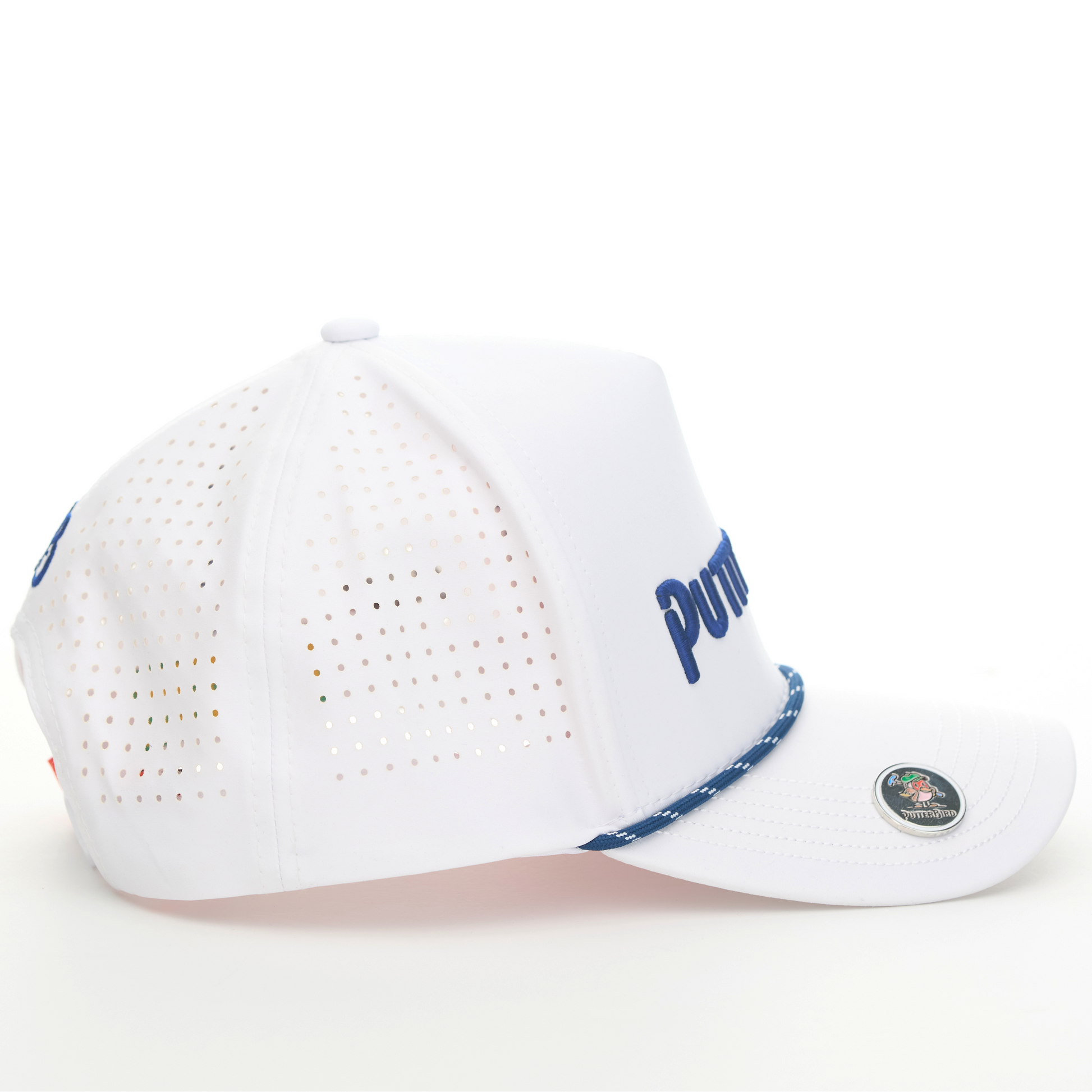 White cap with navy accents. Bird logo on left. PB logo on back. 